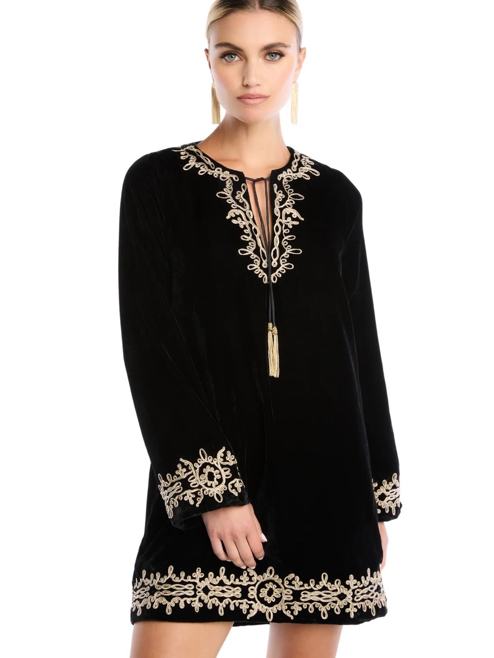 Allison New York Velvet Romeo Dress Gold Embroidered Velvet Tunic Dress  NEW